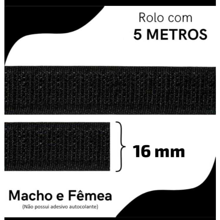 velcro macho e femea, 16 mm preto