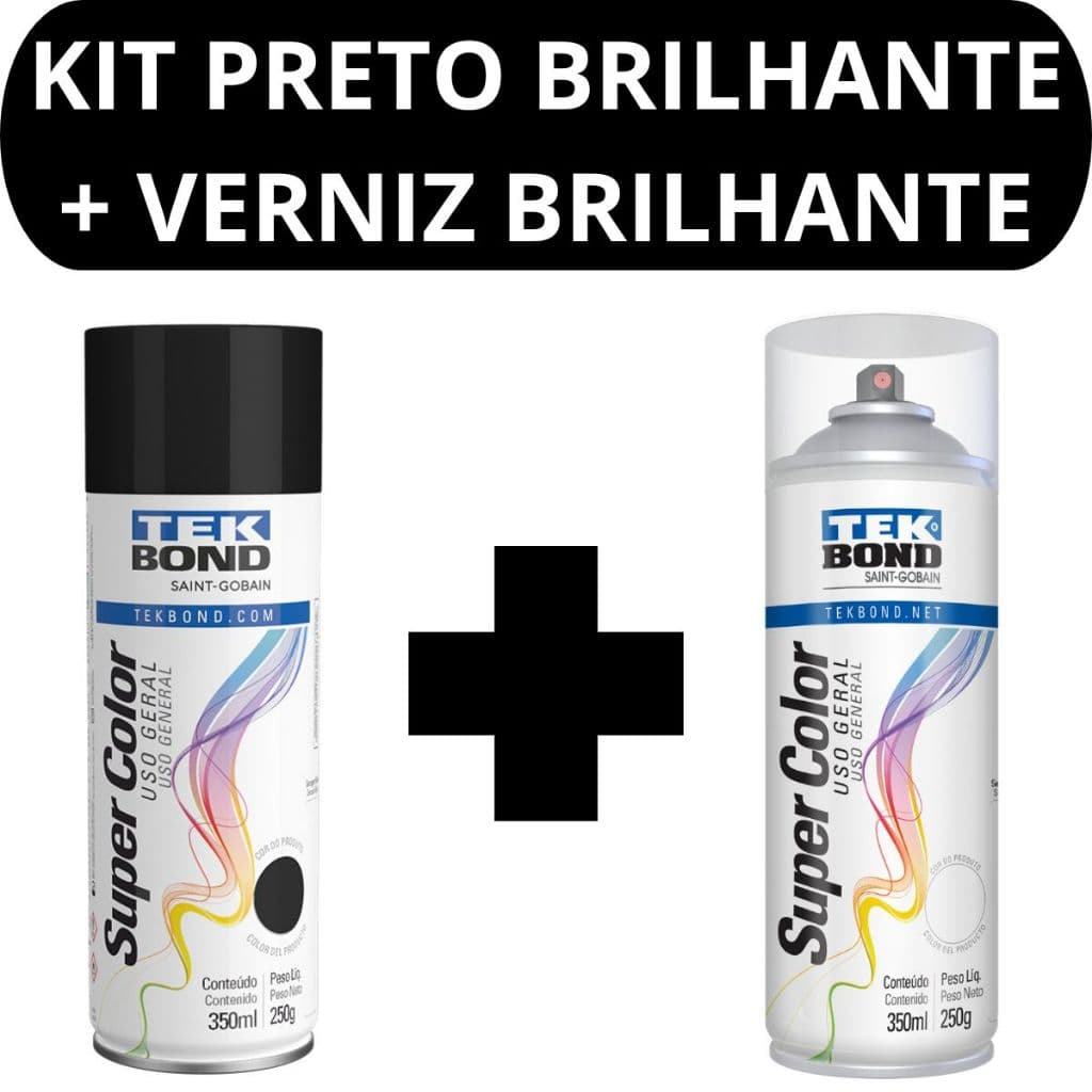 Kit Verniz e Tinta Preto Brilhante 350ml Tekbond Aerossol Secagem Rapida Metal Madeira Ferro MDF