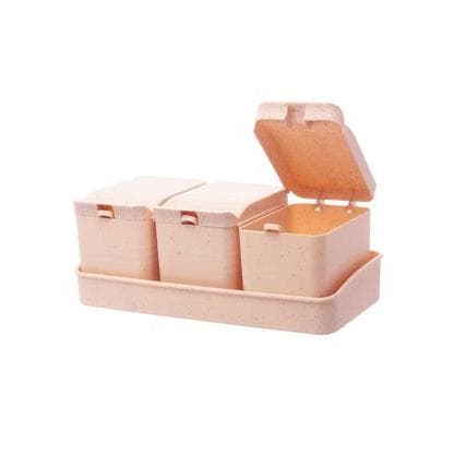 Kit com 3 Porta Temperos Lines Rosa em Fibra de Bambu/Plástico com Colher e Bandeja