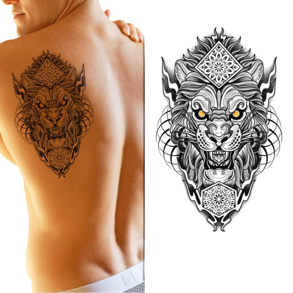 Tatuagem Temporária Leão Tribal Realista 21x15cm Unissex