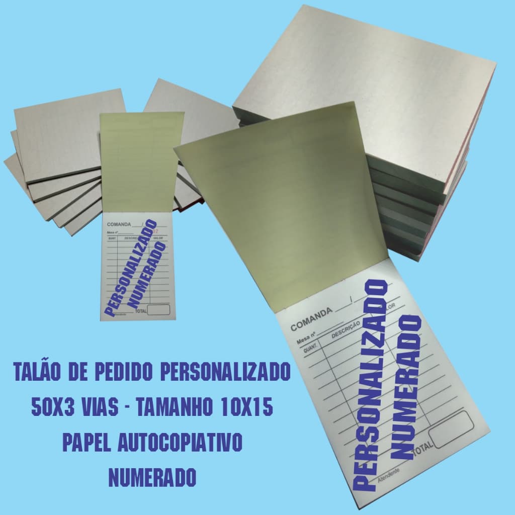 10 Talões de Pedido Personalizado Numerado Auto Copiativo 50x3 Vias 1 cor 10x15
