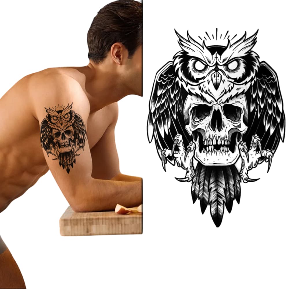 Tatuagem Temporária Caveira Coruja Dark 21x15cm Unissex