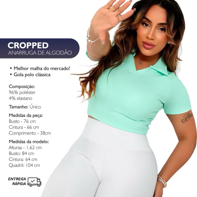 Blusinha Cropped com Gola Polo - Tecido Anarruga
