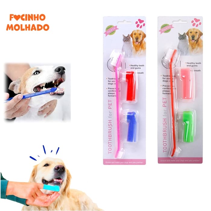 Kit Escova de Dente para Cachorro e Gato 3 unidades Cores Sortidas