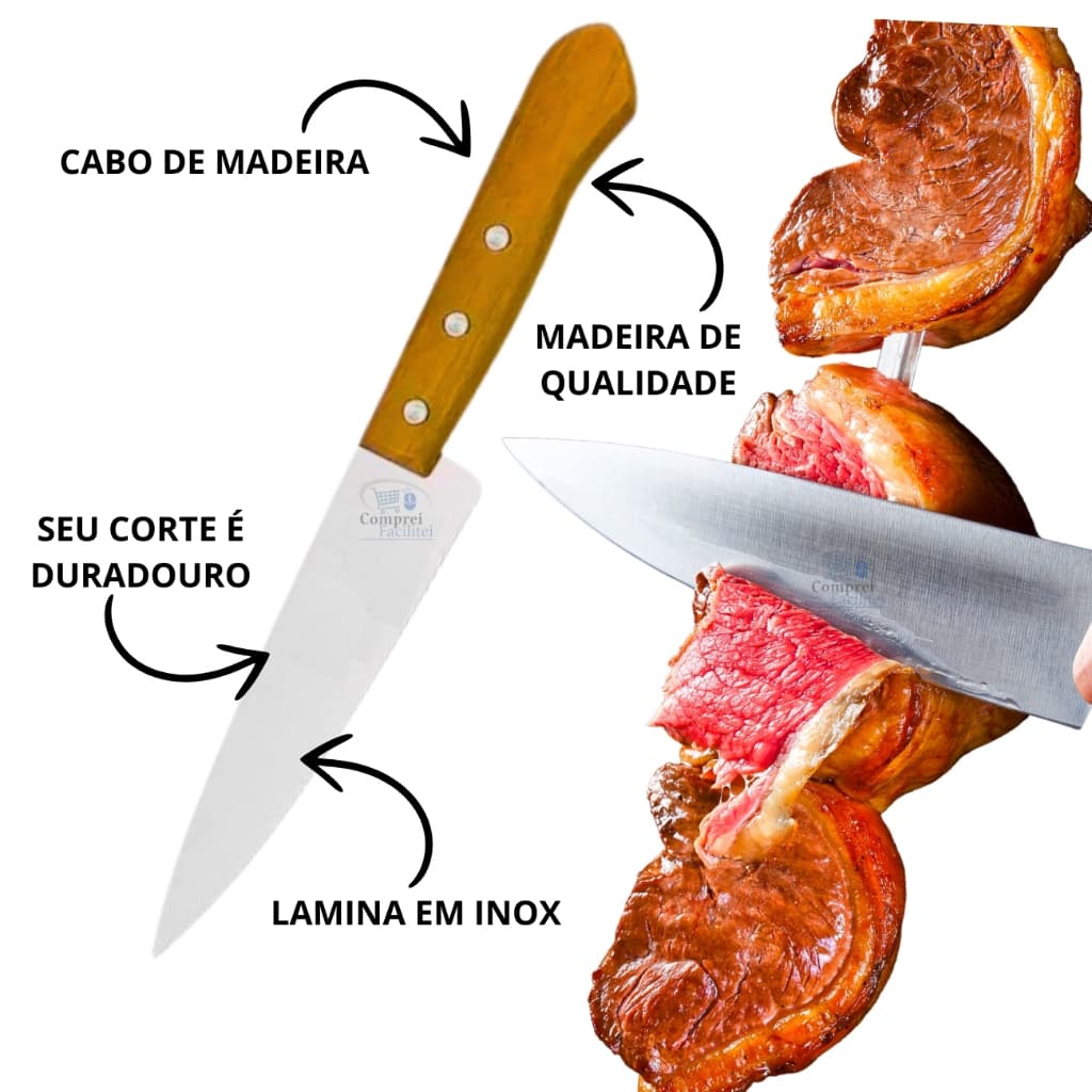 Faca Inox Cabo de Madeira 6 Polegadas Lâmina Inox Para Cozinha Casa Açougue Churrasco