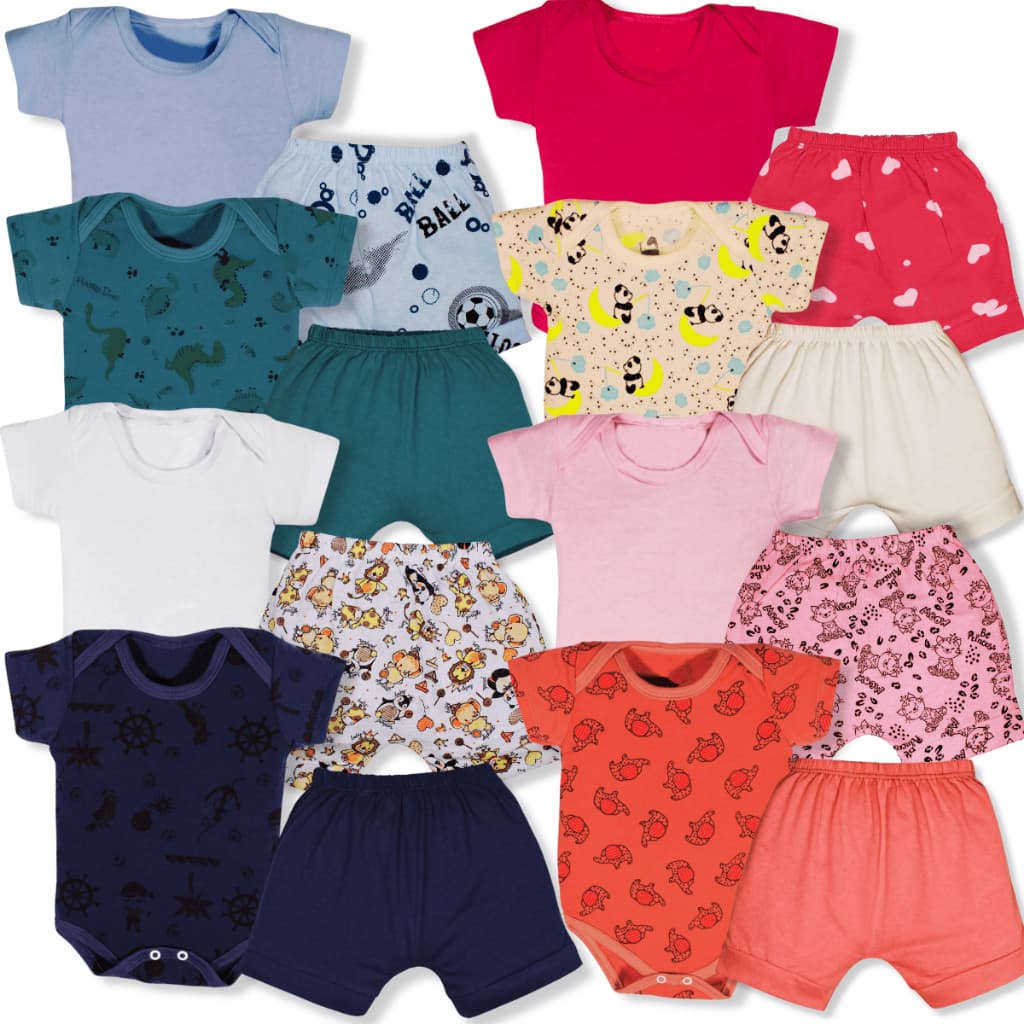Kit 8 Pçs Body E Shorts Bebe Menina E Menino 100% Algodão