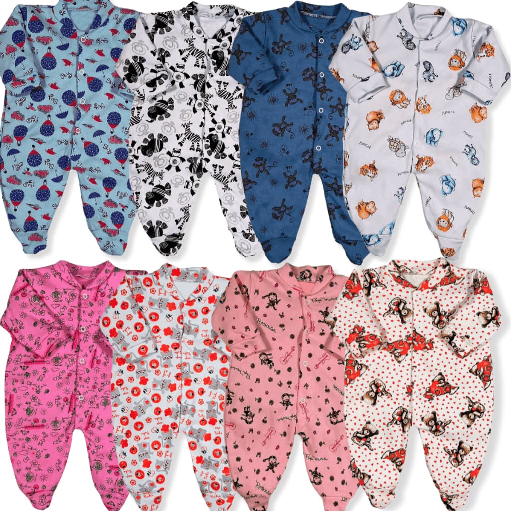 Kit 4 Peças Macacão Bebe Suedine Estampado Algodão Menina E Menino