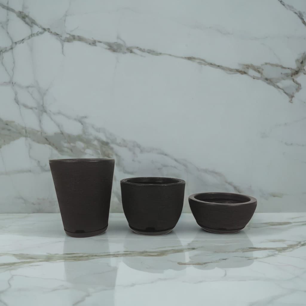 Kit 3 Vasos Decorativos Escovados Em Polietileno Para Plantas Cone + Bojo + Bacia c/prato