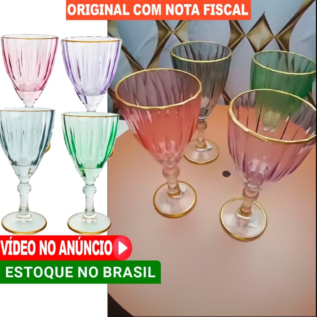 taça com borda dourada vidro jogo ou em unidade várias cores reforçadas 275 ML