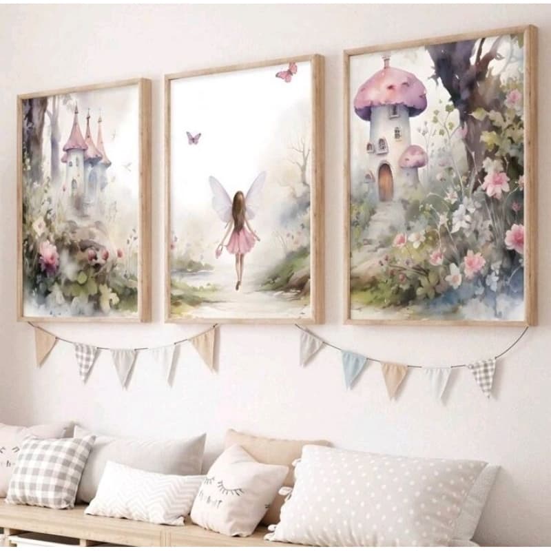 Quadro Decorativo 3 Peças Menina Jardim Encantado Fada