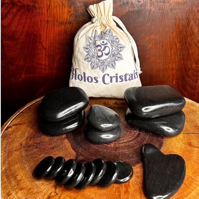 Pedras Quentes Vulcânicas Kit 6 Pedras + Kit Podal + Gua Sha + Sacola ecológica