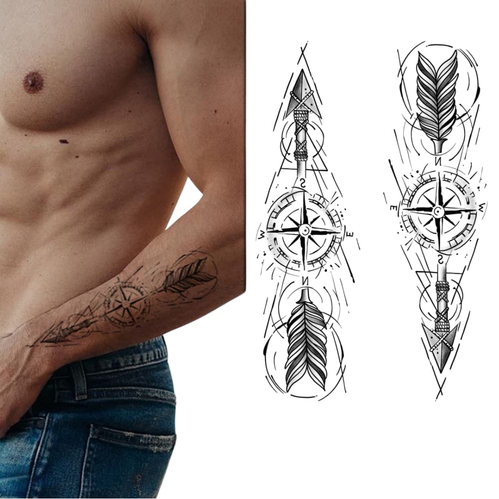 Tatuagem Temporária Bússola Flecha Estilosa Unissex 21x15cm