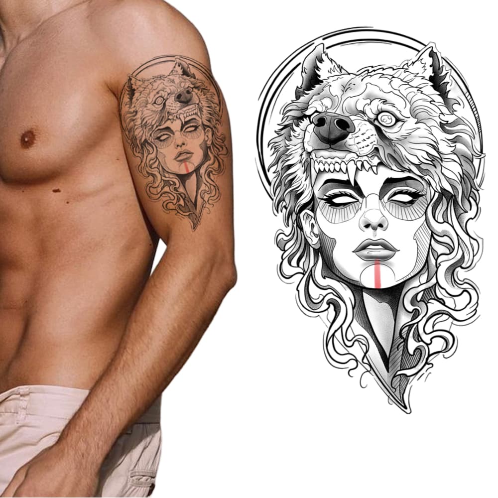 Tatuagem Temporária Guerreira Dark Lobo Estilosa Unissex 21x15cm