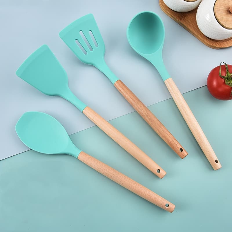 12 Pçs Utensílios De Cozinha Colheres Espatula Silicone Cabo Madeira Decoração Livre