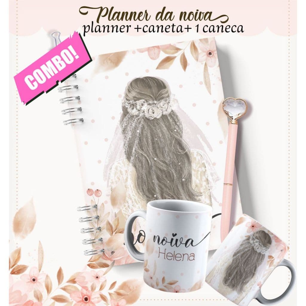 Planner da Noiva com Caneta e Caneca Agenda Casamento 298 Páginas Personalizado Checklist Organização A5 com 10 adesivos