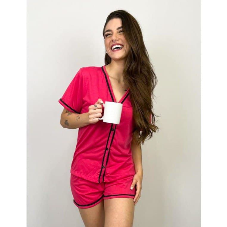 Pijama Blogueirinha Americano Curto Botão Cirúrgico Hospitalar Amamentação Verão