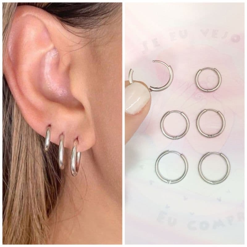 Brinco Argolinha click Aço Inox Prata Argola Unissex Feminina Cirúrgico AntiAlérgico encaixe trio