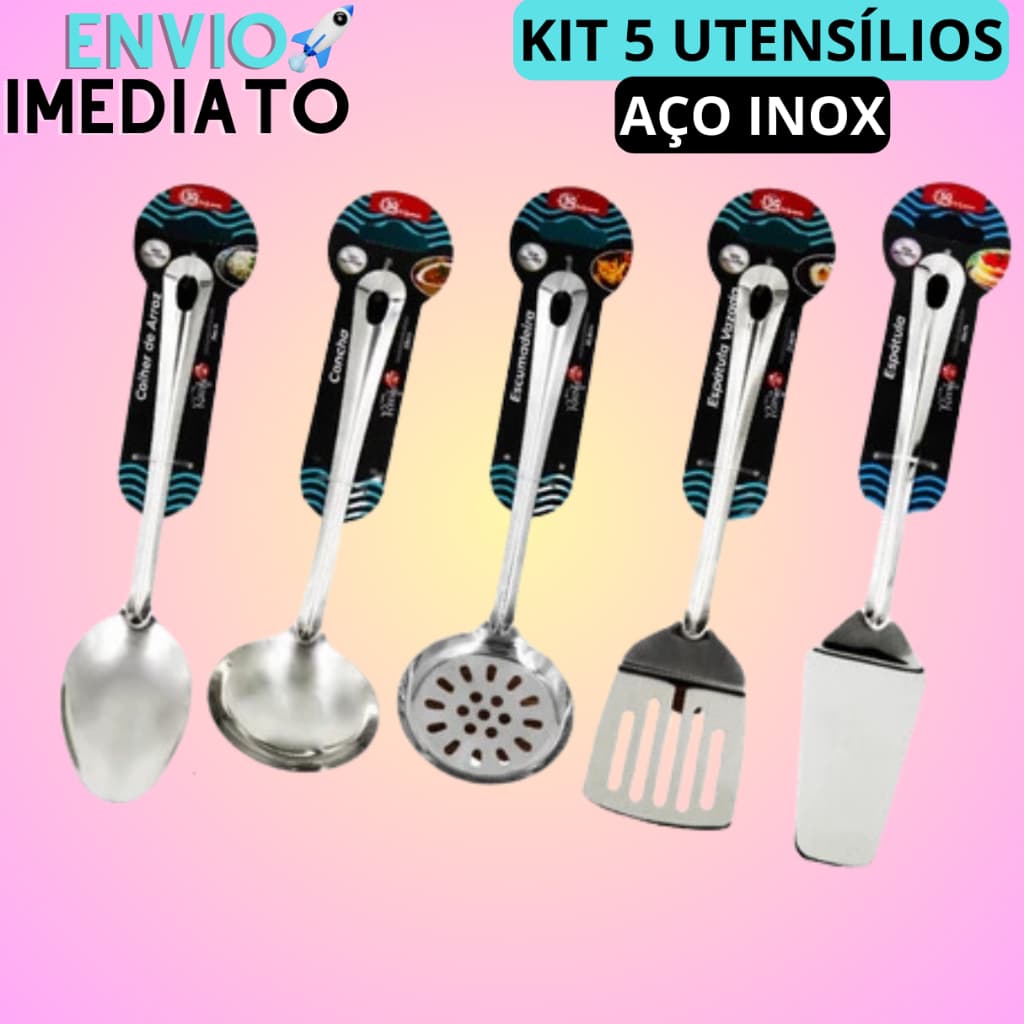 Kit Utensilios Para Cozinha 5 Pecas Aço Inox Colher de Servir Concha de Feijão Escumadeira Espátula de Bolo