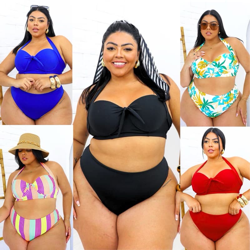 Biquini Plus Size com Bojo Hot Pants Cintura Alta Calcinha Sutiã Para Gordinha Bikini Biquine Feminino Praia Piscina