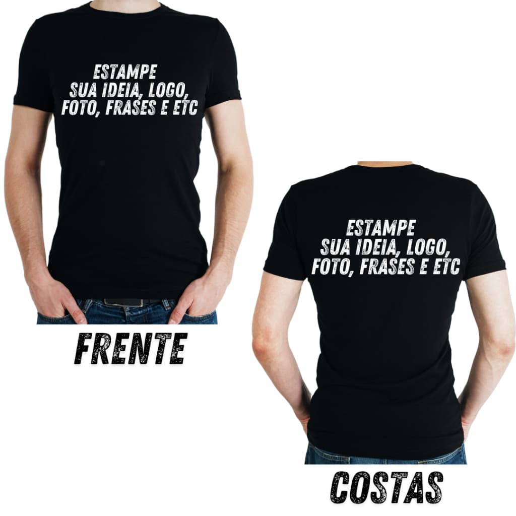 Camiseta Personalizada cores estampe aqui Logo Foto sua Arte Frente e Costas