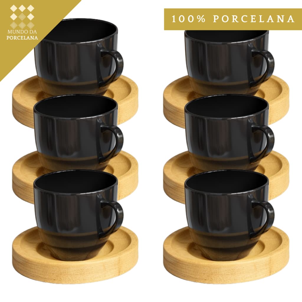 Jogo 6 Xicara Cafe Preta Porcelana Com Pires Madeira Premium Casa Cozinha Cafe Cha Mesa Decoracao Organizacao