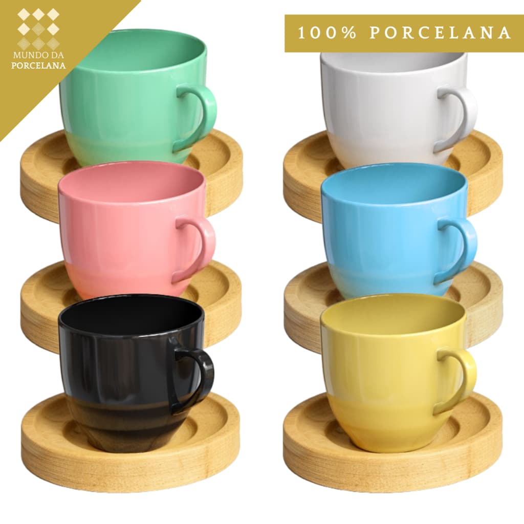 Jogo Xicaras Porcelana Colorida Pires Café Expresso Chá 95ml 12 Peças