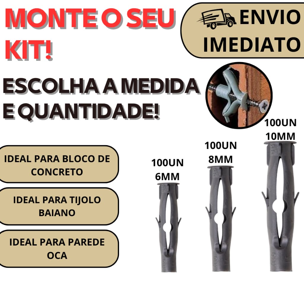 100 Bucha Para Bloco De Concreto Tijolo Baiano Parede Oca 6mm 8mm 10mm