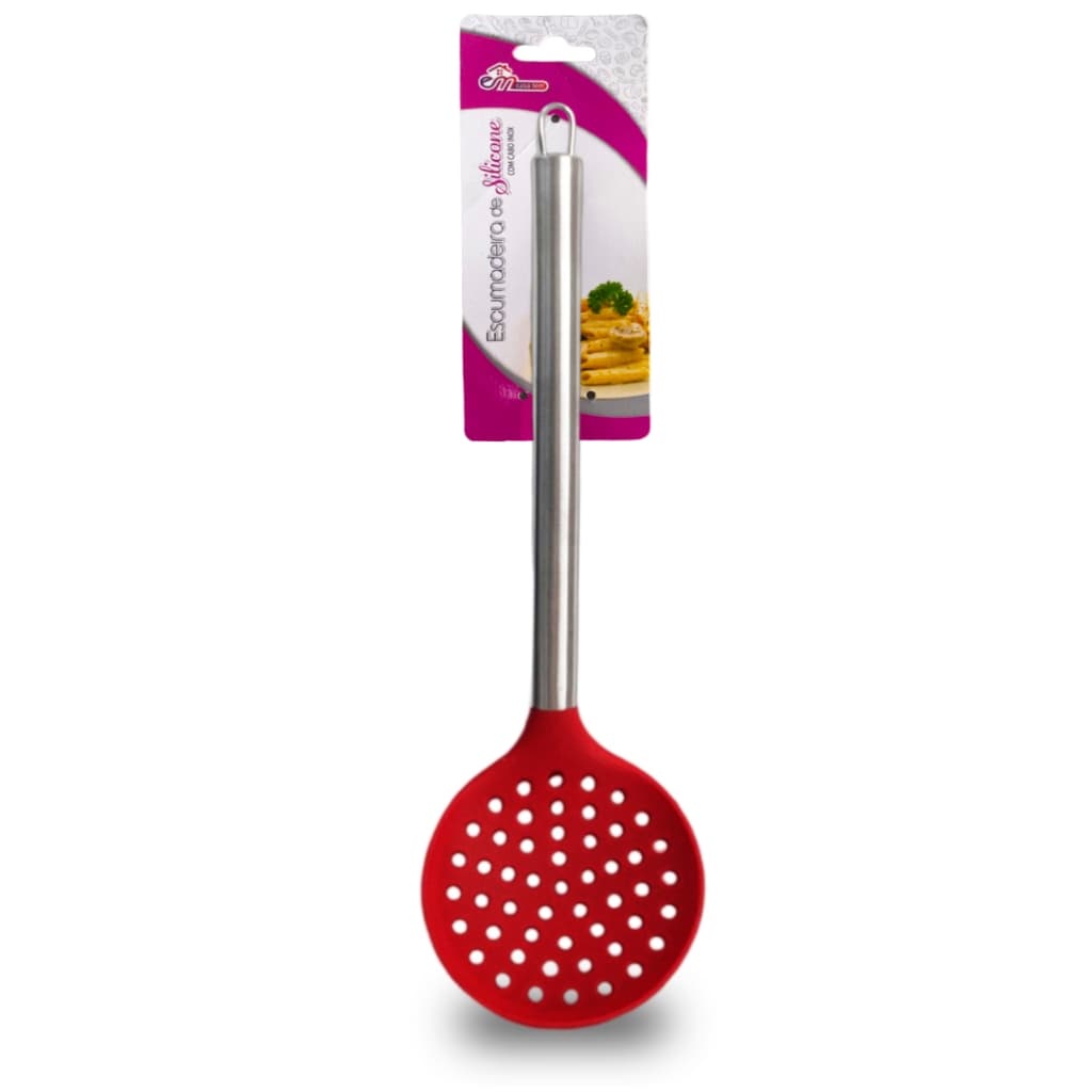 Escumadeira De Silicone Para Frituras Pastel Vazada Inox Utensílios De Cozinha Vermelha