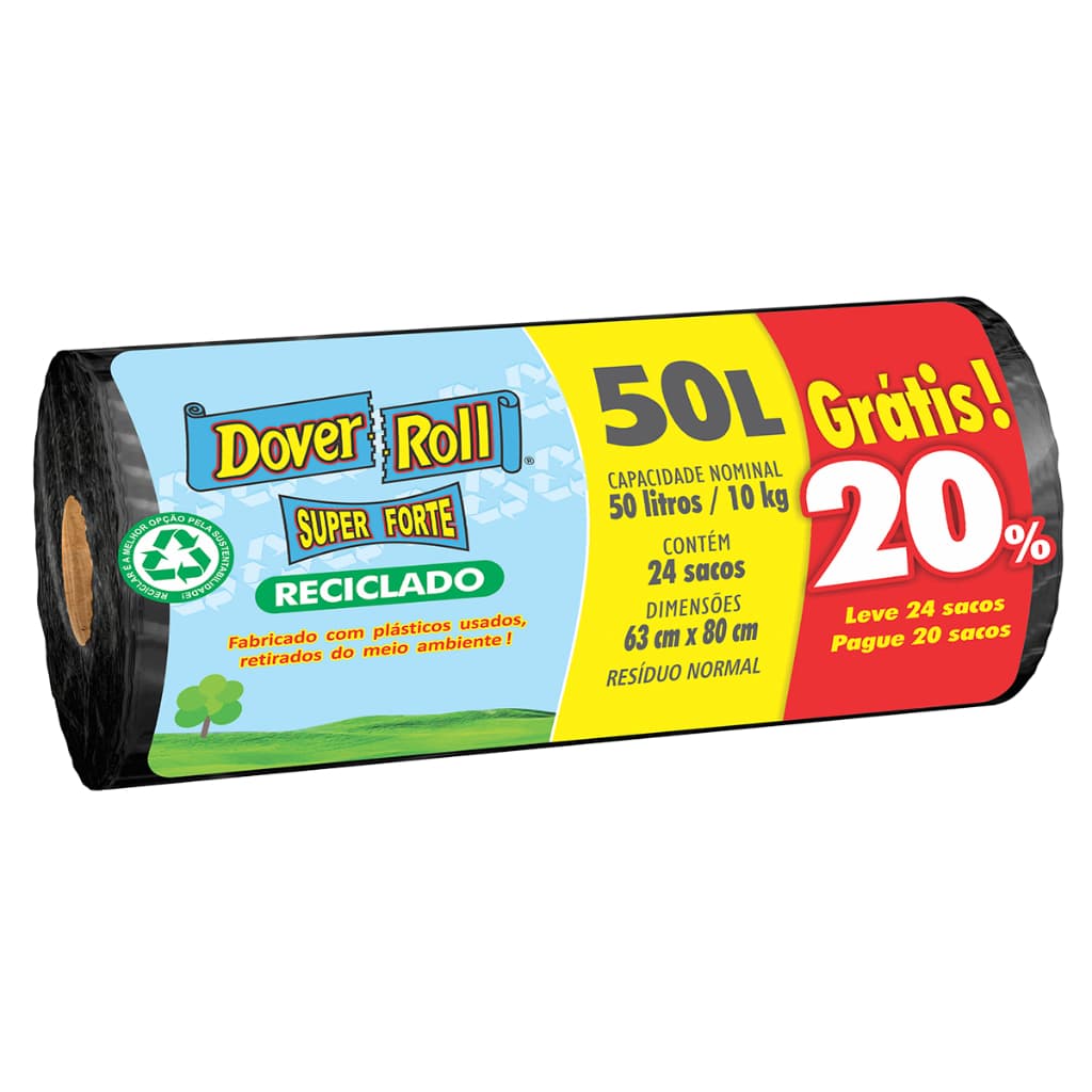 Saco Para Lixo Super Forte Reciclado 50L 20un + 20% - Dover Roll