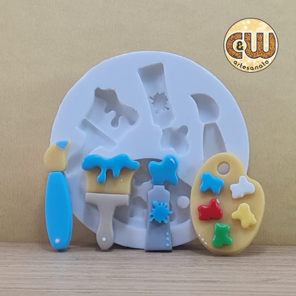 Molde de Silicone Pintando o 7 / Pincel Tubo de Tinta Paleta de Cores  - Decoração, Confeitaria e Artesanato