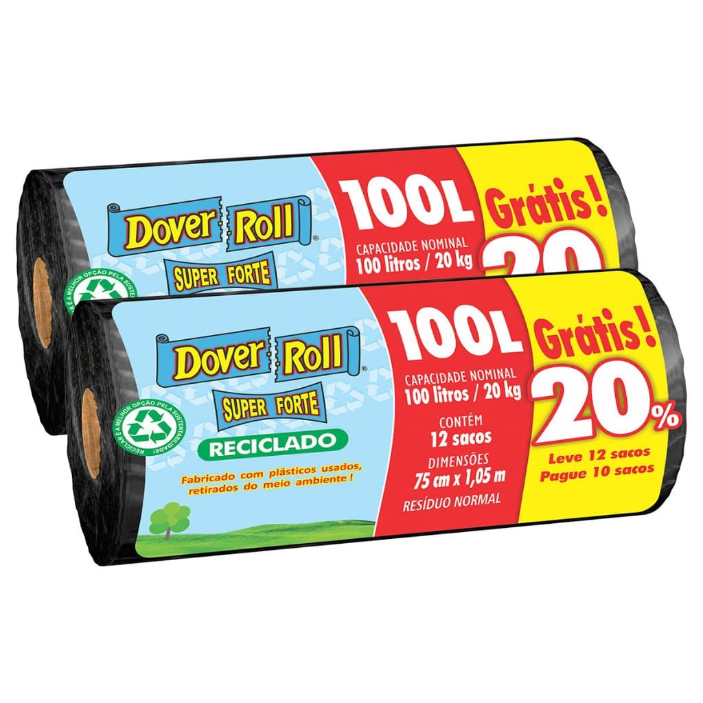 Kit com 2 Saco Para Lixo Super Forte Reciclado 100L 10un + 20% - Dover Roll