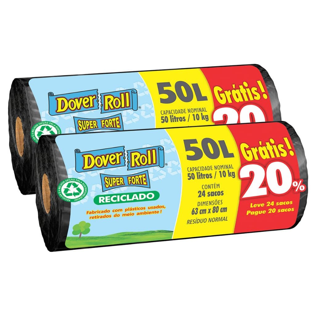 Kit com 2 Sacos Para Lixo Super Forte Reciclado 50L 20un + 20% - Dover Roll