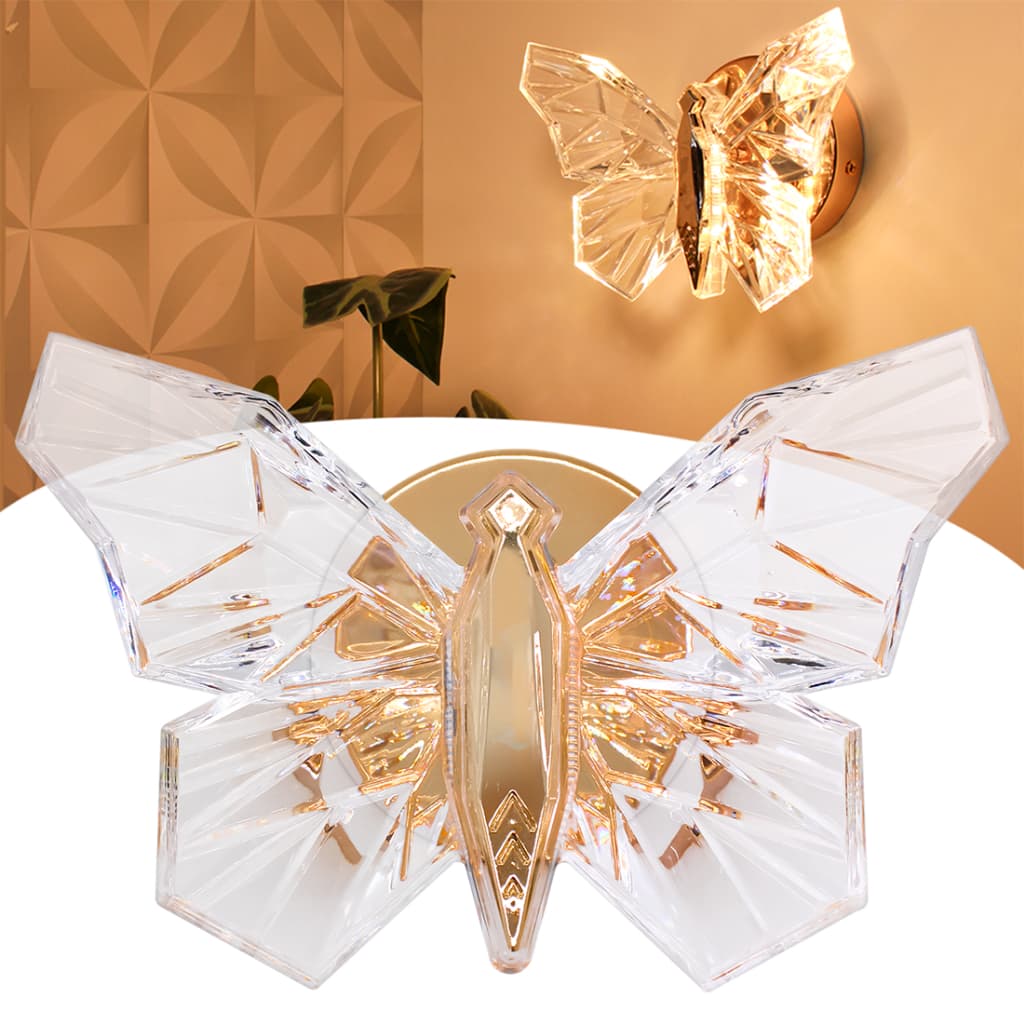 Luminária Arandela Borboleta Cristal Dourada Led 3 Cores Ar1123