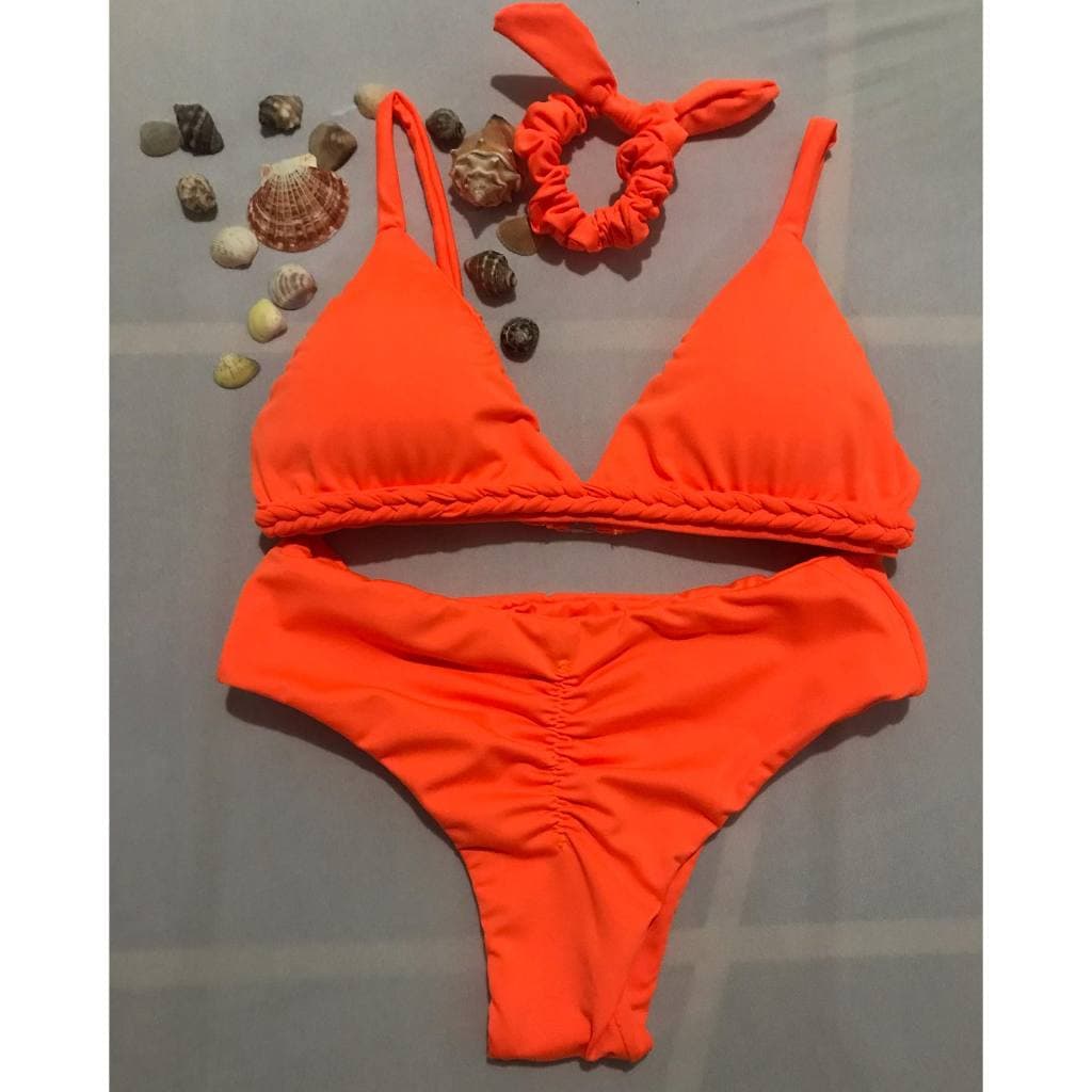 Biquíni fixo com calcinha empina bumbum laranja neon - regulagem nas alças