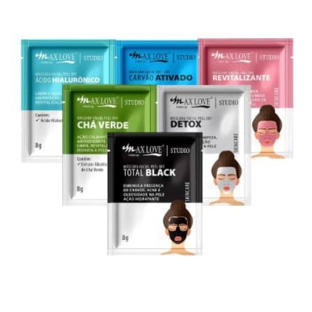 kit 3 Máscaras Faciais Peel-Off Max Love 8g – Total Black, Detox, Chá Verde, Revitalizante, Carvão Ativado, Acido Hialurônico