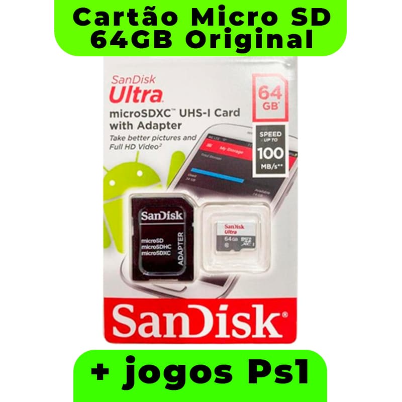 Cartão Micro SD 64GB Original +Jogos Ps1 P/Game Portátil AT-582/AT-583 - Envio Imediato