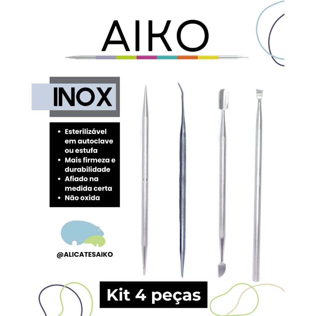 Kit Espátula + Palito + Desencravador + Raspador de Unha 4 peças inox Manicure Pedicure Podólogo