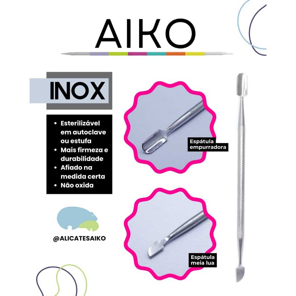 Espátula Dupla de Inox Aiko MAIS LARGA - empurradora e raspadora de cutículas - IDEAL PARA PODOLOGIA