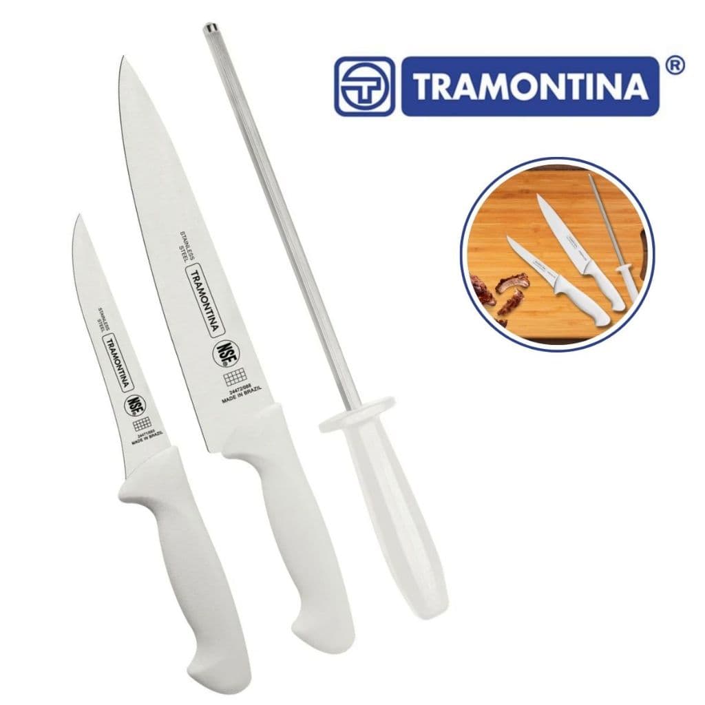 Jogo de Facas Premium Cabos de Polipropileno Branco com Chaira 3 Peças em Aço Inox - Tramontina