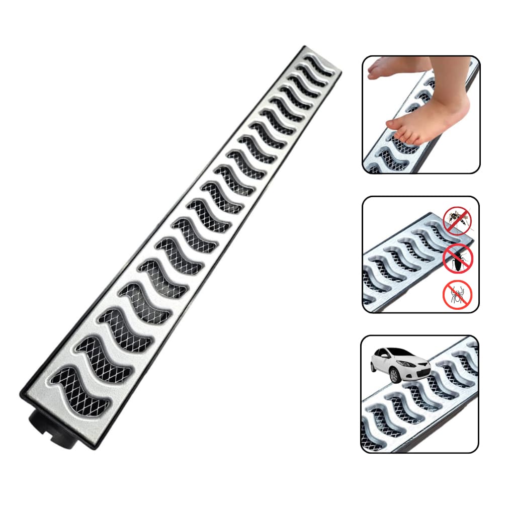 Ralo Linear 6x50cm Sifonado Anti Insetos Para Banheiros Com coletora Preta e Grelha Em Alumínio