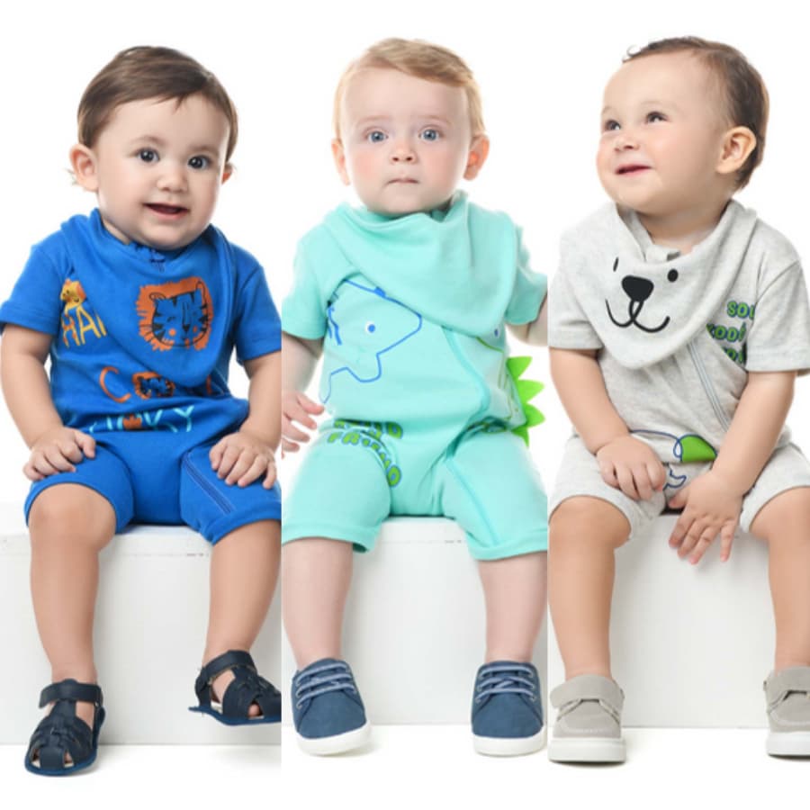 Kit Macacão Curto Bebê Menino Zíper + Babador - Romper - Macaquinho - Mesversário - Masculino - Criança
