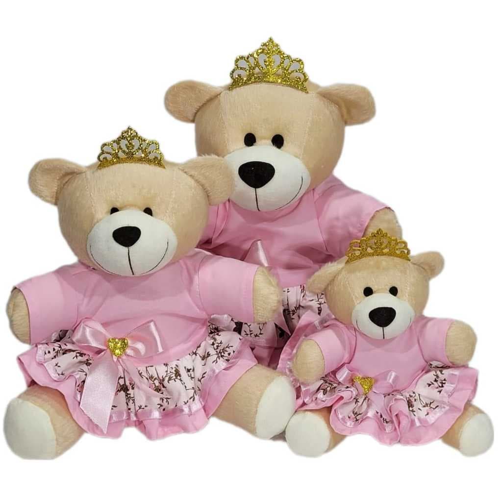 Trio Ursinhas Princesas Pelúcia Rosa Decoração Bebê Menina Rosa Tamanhos Variados