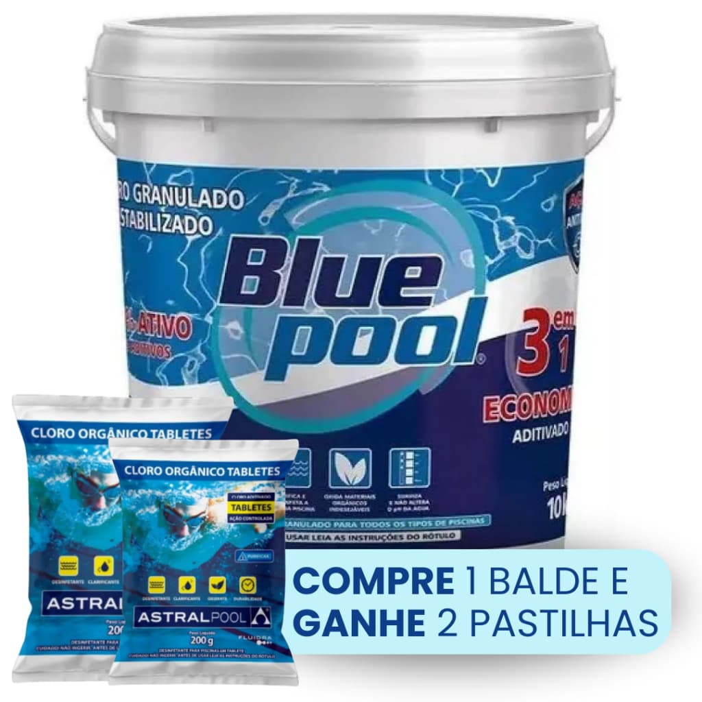 Compre 1 Balde Cloro para Piscina Economic 3 em 1 10Kg e Ganhe 2 Pastilhas de Cloro 200g Astral Pool