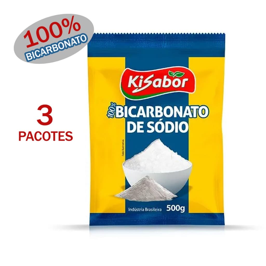 100% Bicarbonato de Sódio Kisabor Pacote 500g - Culinária - Limpeza - Kit 3 Unidades
