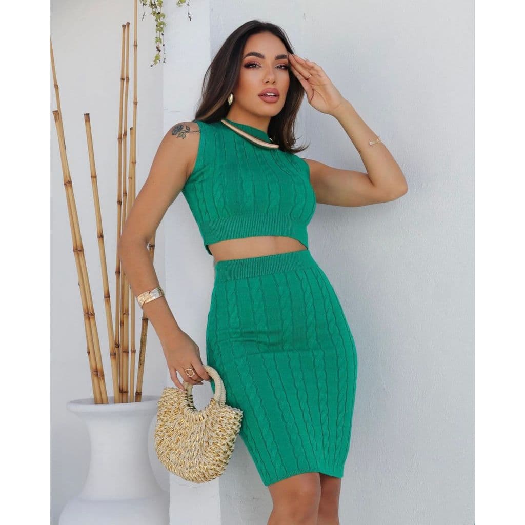 Conjunto Feminino Saia Midi e Cropped Tricot Modal Tendência Festa Moda Verão 2024 Roupas Shoppe