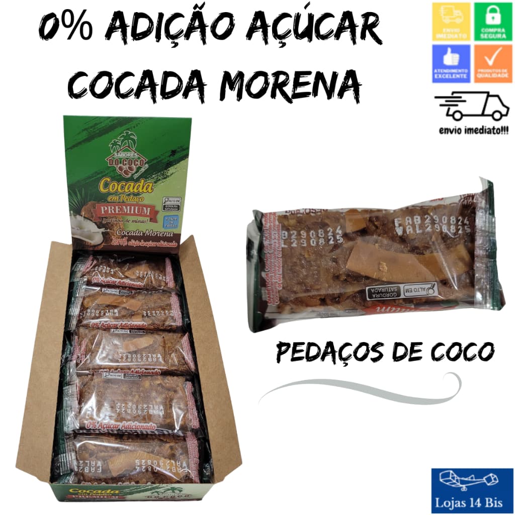 Cocada Morena Artesanal Premium 0% de Adição de Açúcar 15x40g Sabores do Coco