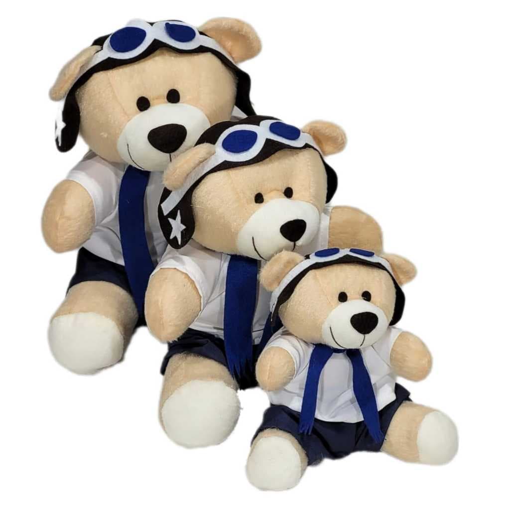 Trio Ursinhos Aviador Pelúcia Decoração Bebê Menino Tamanhos Variados