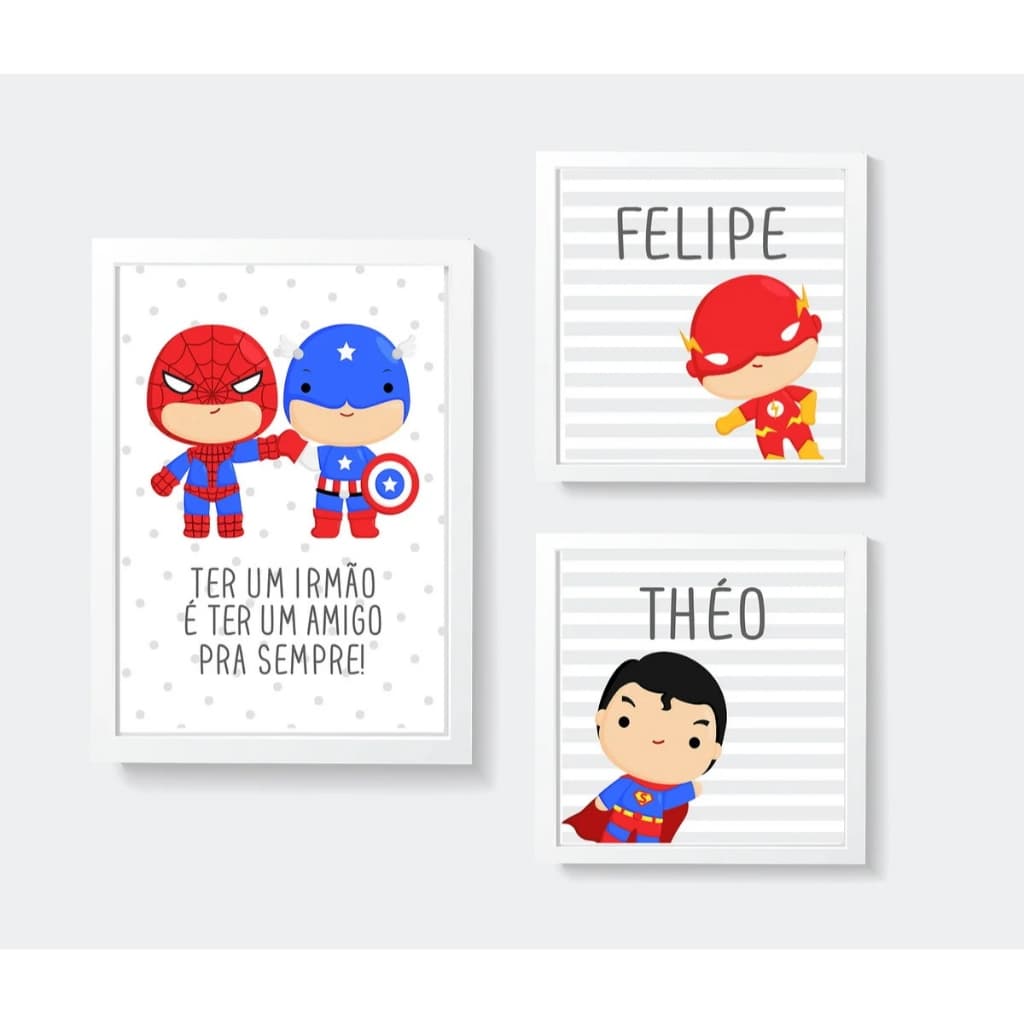 Quadros Decoração Infantil Irmãos Super Heroi Nome Personalizado