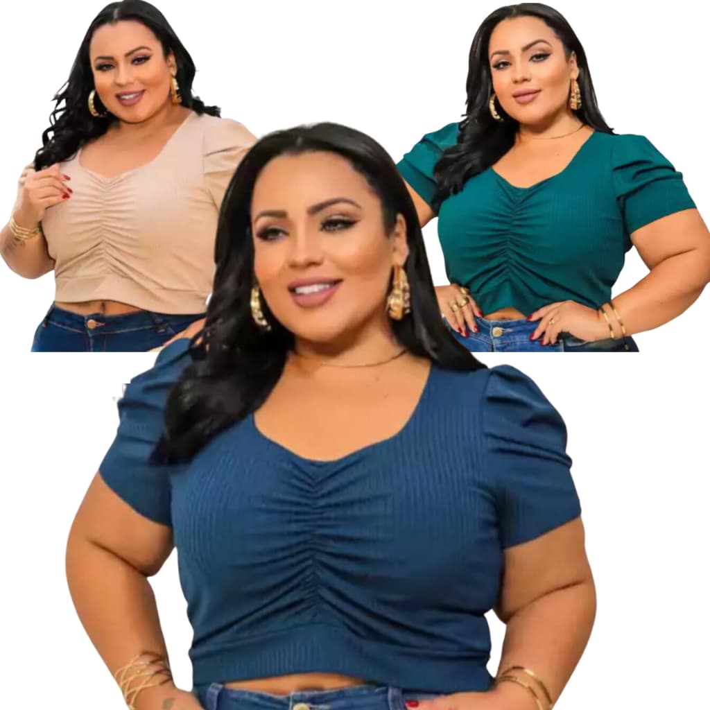 Cropped Feminino Plus Size com Manga Princesa Básico