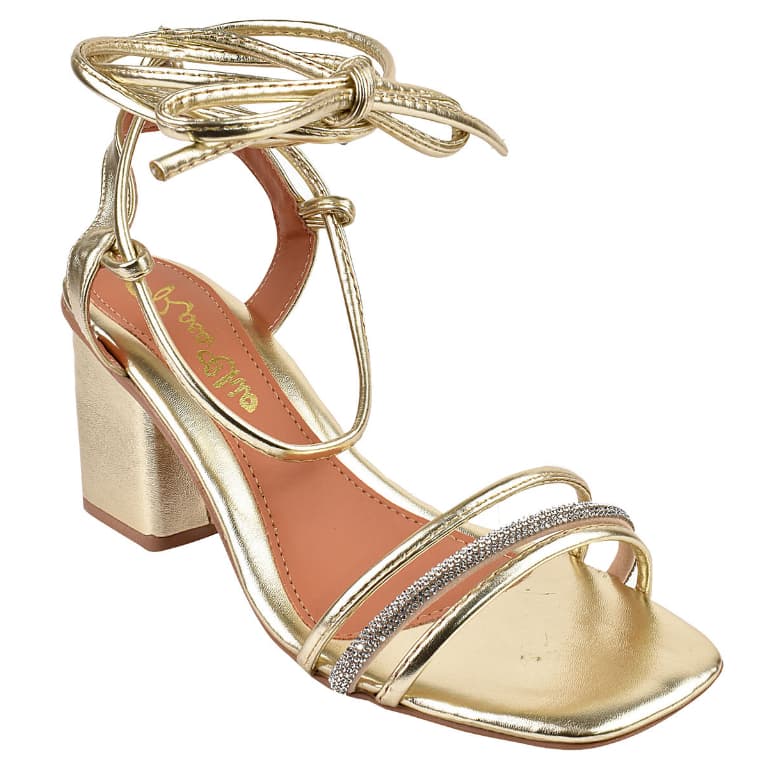 Sandália Salto Alto Grosso Bloco 7cm Bico Quadrado Strass Brilho Amarração Confortável Moda Evangélica